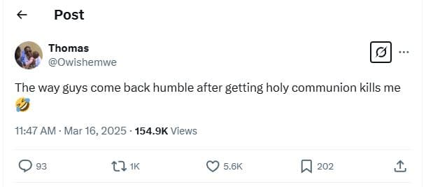 Post thomas owishemwe the way guys come back humble after getting holy communion