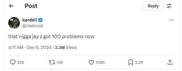 Post reply kordell lledrook that nigga jay z got 100 problems now 411 am dec 9,