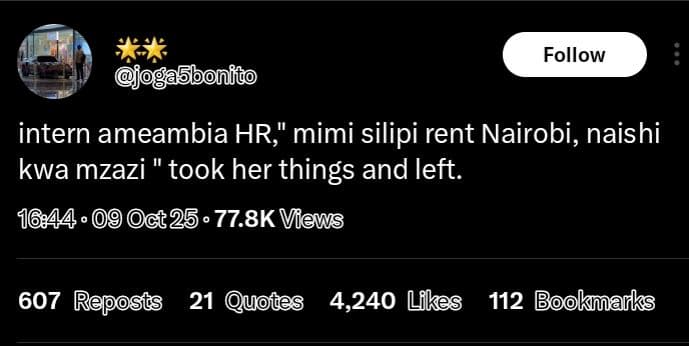 Follow ga5bonfào intern ameambia hr, mimi silipi rent nairobi, naishi kwa mzazi