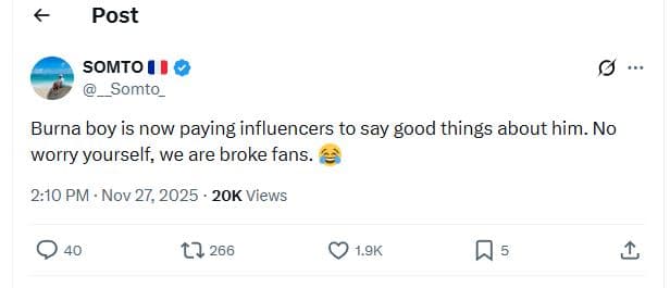 Post somto somto_ burna boy is now paying influencers to say good things about h