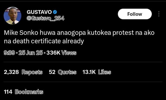 Gustavo gustavo 254 follow mike sonko huwa anaogopa kutokea protest na ako na de