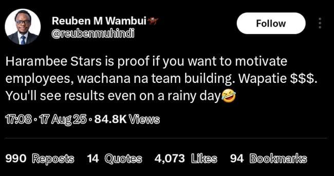Reuben m wambui neubenmuhind follow harambee stars is proof if you want to motiv