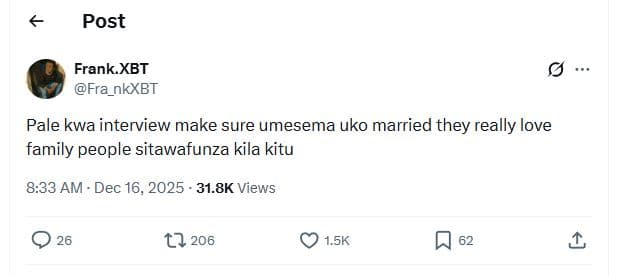 Post frank xbt fra_nkxbt pale kwa interview make sure umesema uko married they r