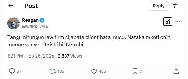 Post reply reagan wakili_046 tangu nifungue law firm sijapata client hata nusu.