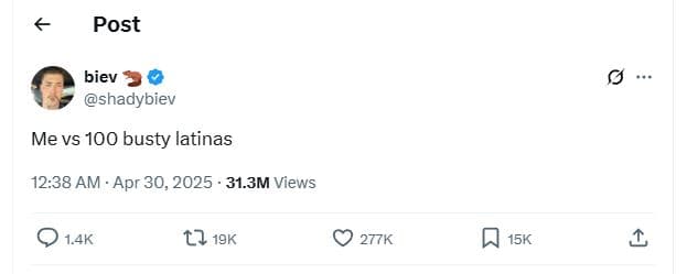 Post biev shadybiev me vs 100 busty latinas 12.38 am apr 30, 31.3m views 14k ll