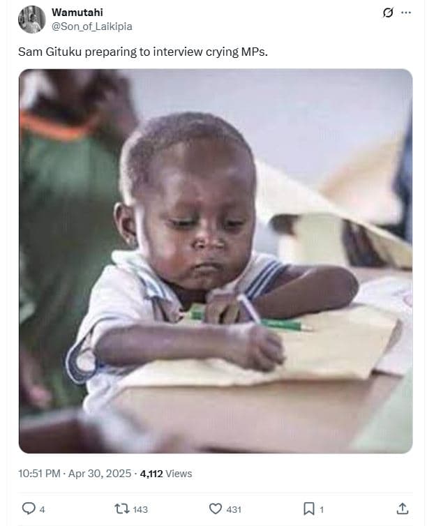 Wamutahi son_of_laikipia sam gituku preparing to interview crying mps. 10.51 pm