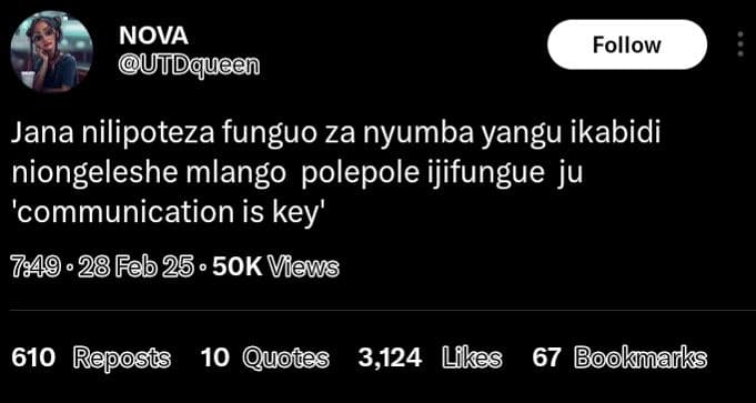 Nova utdqueen follow jana nilipoteza funguo za nyumba yangu ikabidi niongeleshe