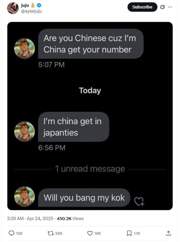 Juju ayeejuju subscribe are you chinese cuz i'm china get your number 507 pm tod