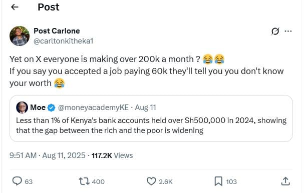 Post post carlone carltonkithekal yet on x everyone is making over 2ook a month