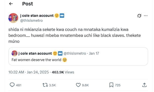 Post jcole stan account thisismetro shida ni mkianzia sekete kwa couch na mnatak