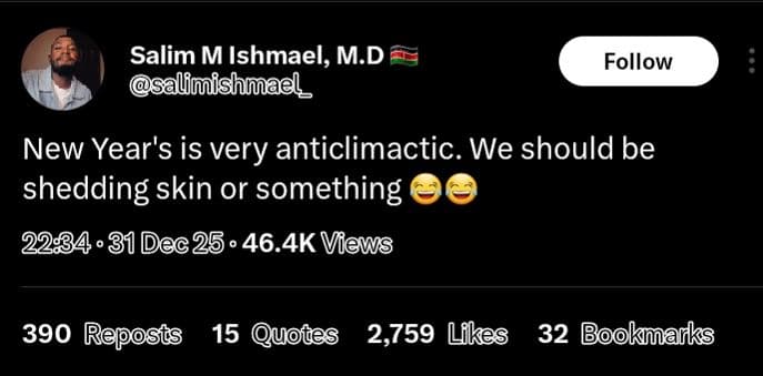 Salim m ishmael, m.d ilimishmael follow new year's is very anticlimactic. we sho