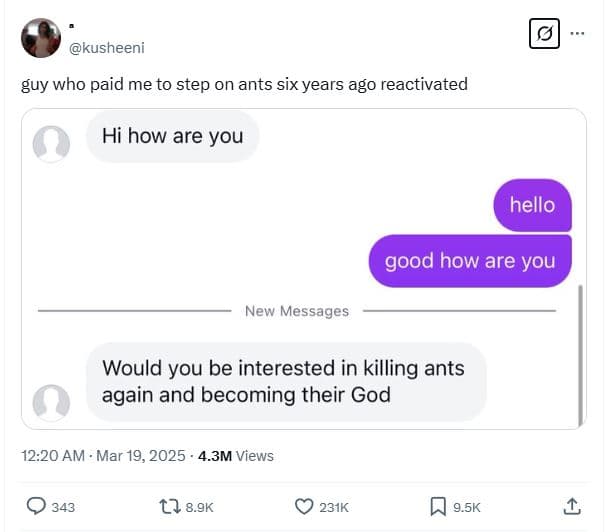 Kusheeni guy who paid me to step on ants six years ago reactivated hi how are yo