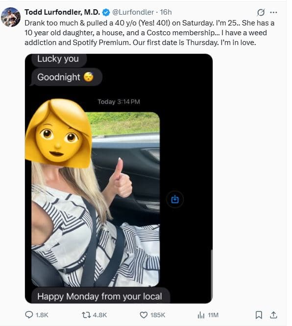 Todd lurfondler m.d. lurfondler . 16h drank too much pulled a 40 ylo yes! 401 on