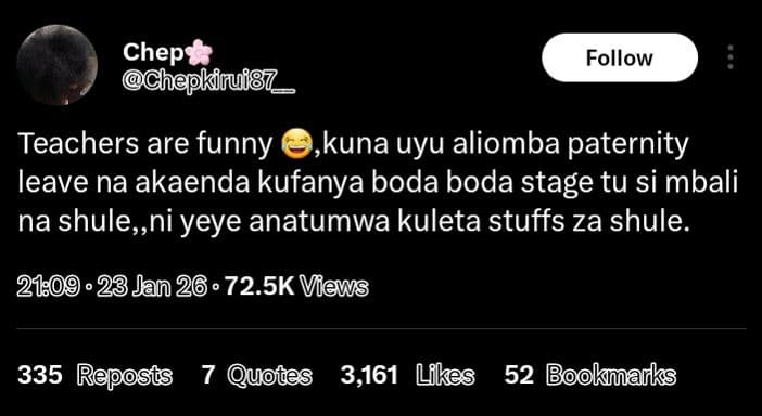 Chep chepkinui87 _ follow teachers are funny kuna uyu aliomba paternity leave na