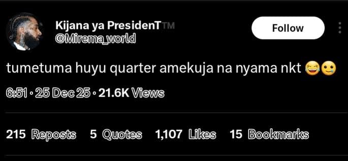 Kijana ya president tm mirema_world follow tumetuma huyu quarter amekuja na nyam