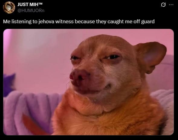Just miht humuorn me listening to jehova witness because they caught me off guar