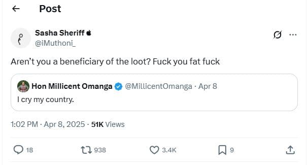 Post sasha sheriff imuthoni aren't you a beneficiary of the loot? fuck you fat f