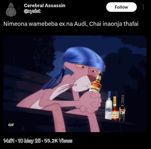 Cerebral assassin oxysist follow nimeona wamebeba ex na audi, chai inaonja thafa