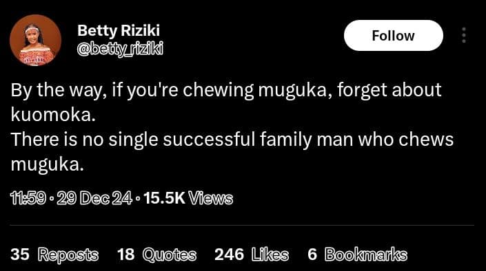 Betty riziki ety fizki follow by the way if you're chewing muguka, forget about