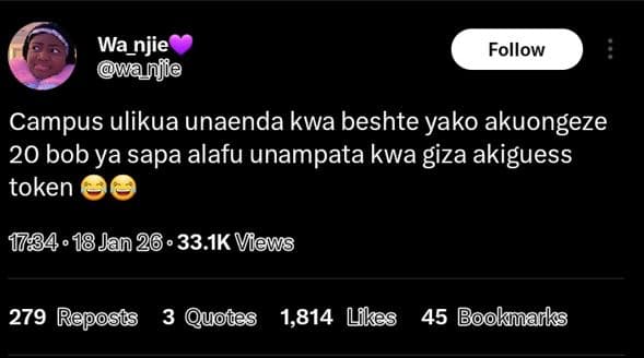 Wa_njie wanjie follow campus ulikua unaenda kwa beshte yako akuongeze 20 bob ya