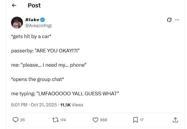 Post blake arealmfngl 'gets hit by a car passerby are you okayi?! me please_ i n