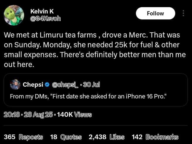 Kelvin k kevoh follow we met at limuru tea farms drove a merc. that was on sunda