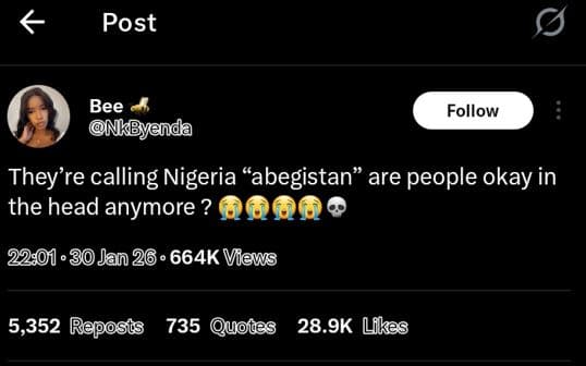 Post bee mkbyenda follow they're calling nigeria abegistan are people okay in th