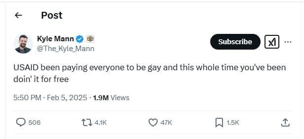 Post kyle mann the_kyle_mann subscribe usaid been paying everyone to be gay and