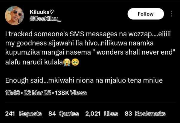 Kiluuks deekiluu follow tracked someone's sms messages na wozzap_eiiiii my goodn