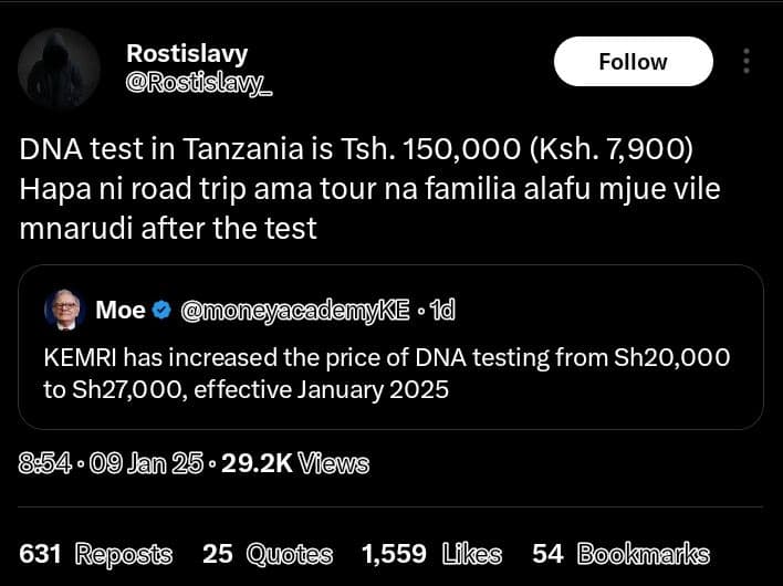 Rostislavy drostislavy_ follow dna test in tanzania is tsh. 150,000 ksh. 7,900 h