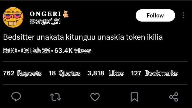Ongeri ngen 21 follow bedsitter unakata kitunguu unaskia token ikilia 05 feb 25.