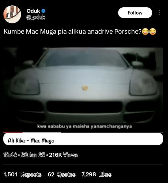 Oduk duk follow kumbe mac muga pia alikua anadrive porsche? aua cababuya marha v