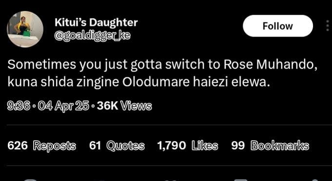 Kitui's daughter ldie jke follow sometimes you just gotta switch to rose muhando