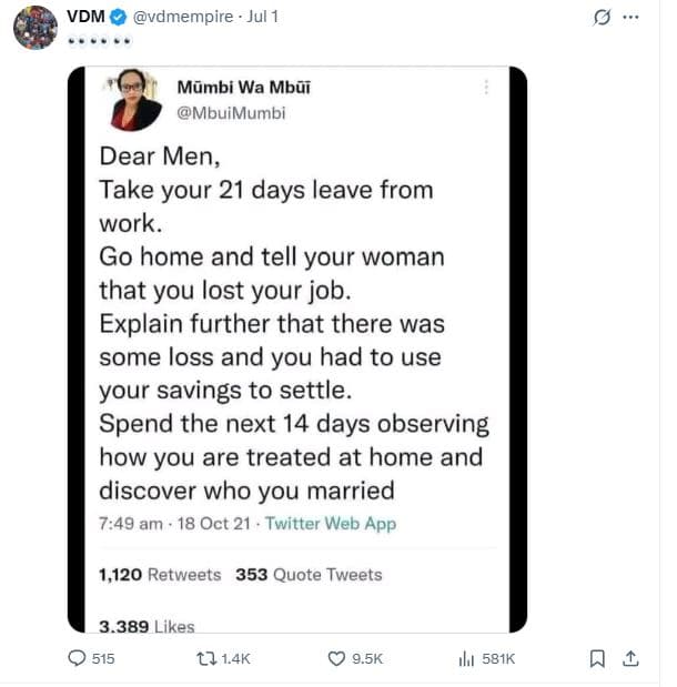 Vdm vdmempire jul mumbi wa mbui mbuimumbi dear men take your 21 days leave from