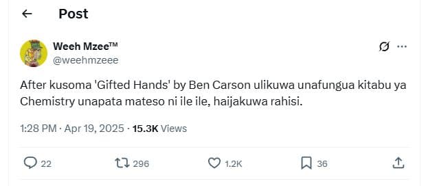 Post weeh mzeetm weehmzeee after kusoma 'gifted hands' by ben carson ulikuwa una