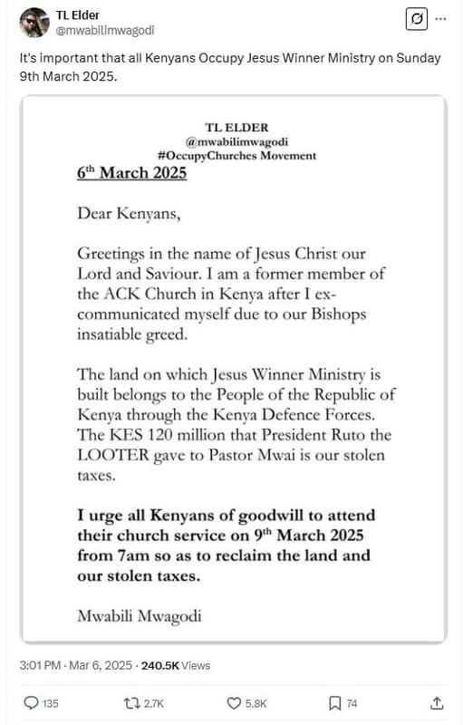 Tl elder mwabilimwagodi it's important that all kenyans occupy jesus winner mini