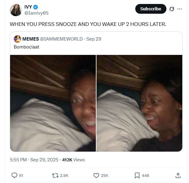 Ivy iamivyos subscribe when you press snooze and you wake up 2 hours later. meme