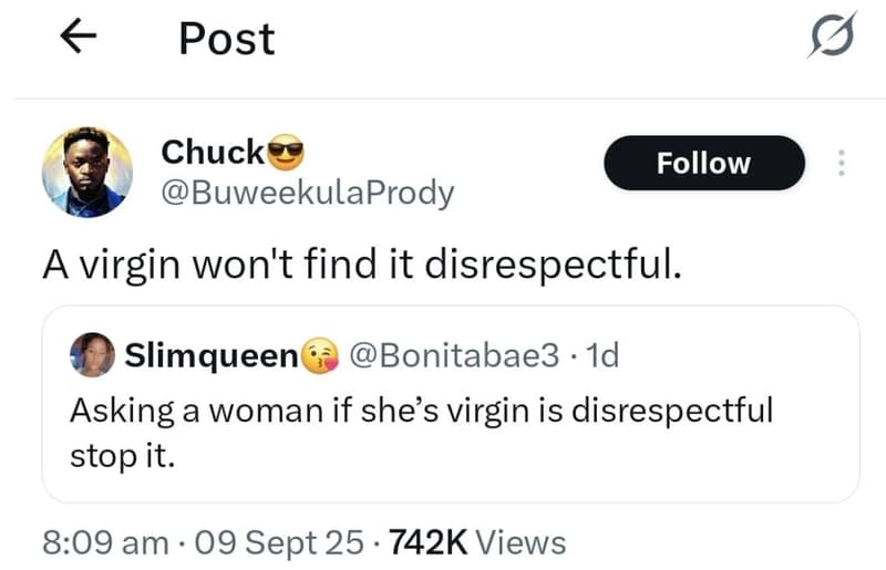 Post chuck buweekulaprody follow a virgin won't find it disrespectful. slimqueen
