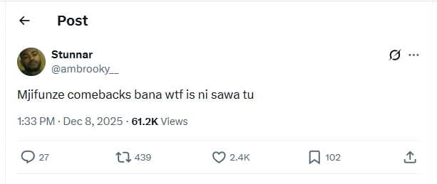 Post stunnar ambrooky mjifunze comebacks bana wtf is ni sawa tu 1.33 pm dec 8, 6