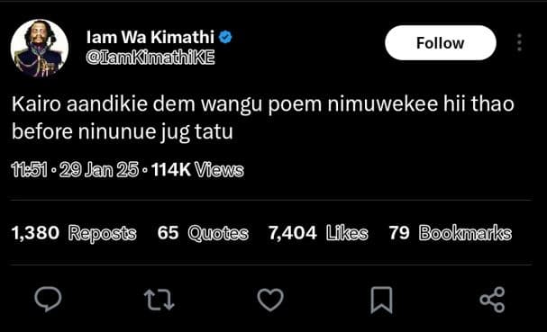 Lam wa kimathi mankimadhike follow kairo aandikie dem wangu poem nimuwekee hii t