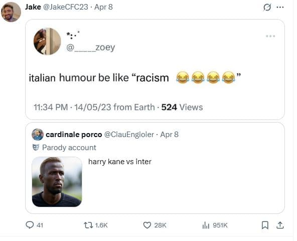 Jake jakecfc23 apr 8 zoey italian humour be like 'racism 11.34 pm . 140523 from
