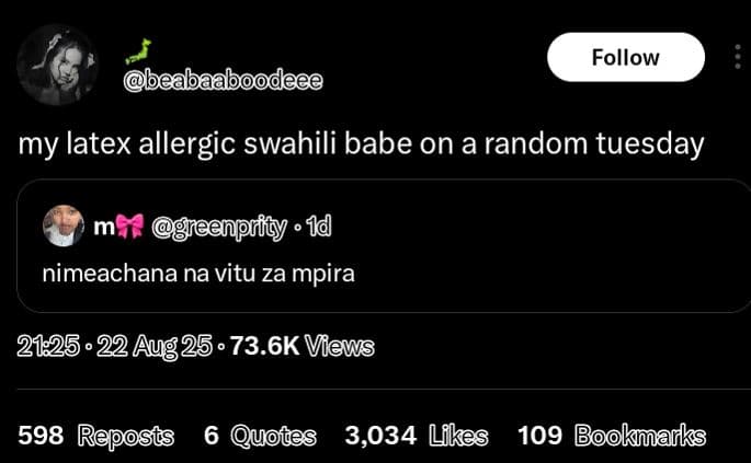 Follow beabaaboodeee my latex allergic swahili babe on a random tuesday geenprfn