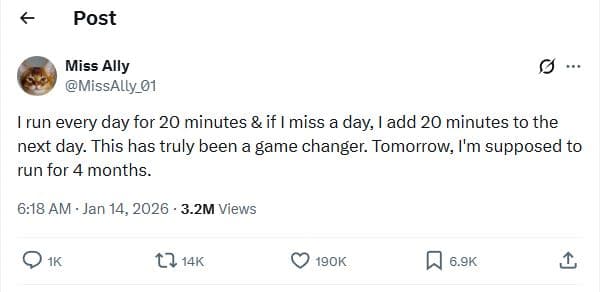 Post miss ally missally_01 irun every day for 20 minutes if miss a day add 20 mi