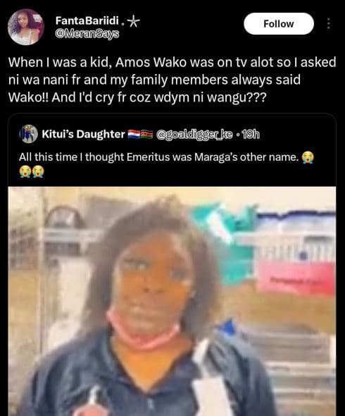 Fantabariidi , maransays follow when i was akid, amos wako was on tv alot so ask