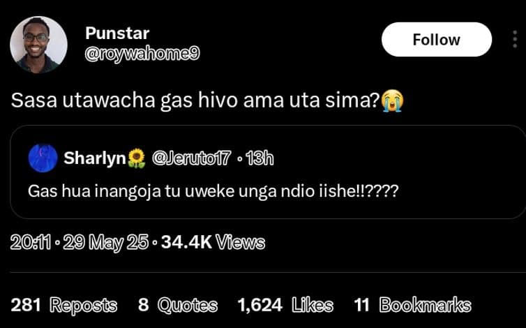 Punstar mahomeg follow sasa utawacha gas hivo ama uta sima? sharlyn jerutol7 13h