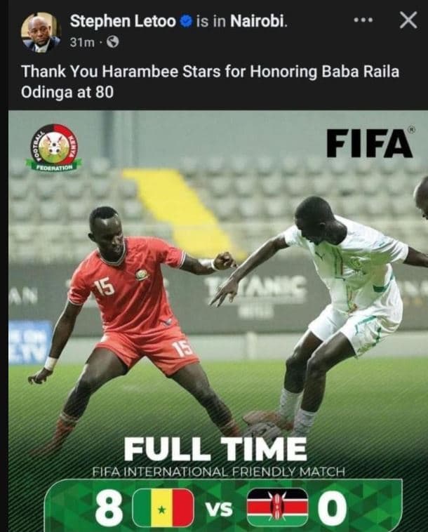 Stephen letoo is in nairobi. 31m thank you harambee stars for honoring baba rail