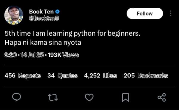 Book ten ooklen8 follow 5th time i am learning python for beginners . hapa ni ka