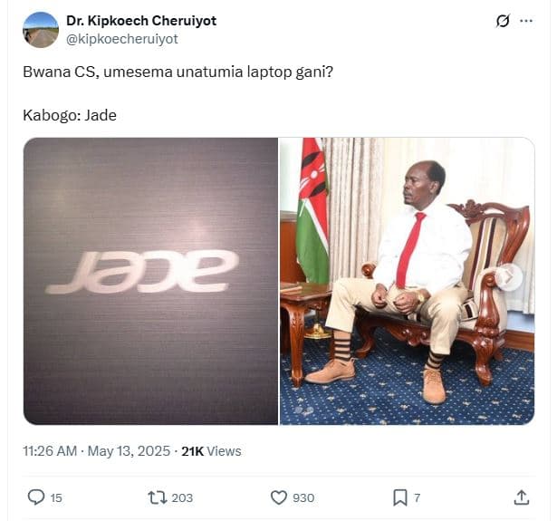 Dr. kipkoech cheruiyot kipkoecheruiyot bwana cs, umesema unatumia laptop gani? k
