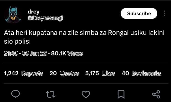 Subscribe drey dreymwangi ata heri kupatana na zile simba za rongai usiku lakini
