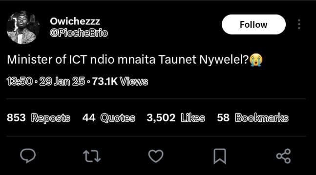 Owichezzz piochebrio follow minister of ict ndio mnaita taunet nywelel? 29jan 25